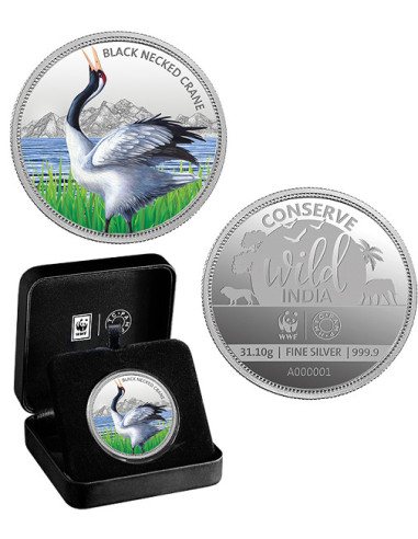 MMTC PAMP The Back Necked Crane Silver Coin of Conserve Wild India 2018 Series 1 Oz / 31.10 gm 999.9 Purity