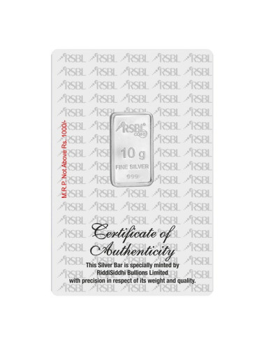 RSBL Silver Bar of 10 Grams in 24Kt 999 Purity Fineness