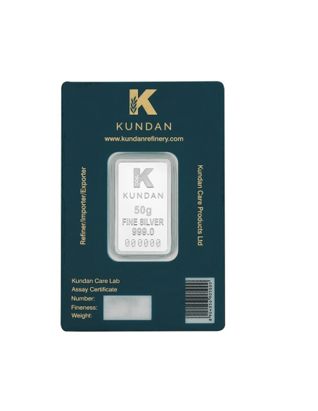 Kundan Color Peacock Silver Bar of 50 Gram in 999 Purity / Fineness in Certi Card