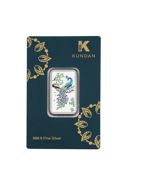 Kundan Color Peacock Silver Bar of 50 Gram in 999.9 Purity / Fineness in Certi Card