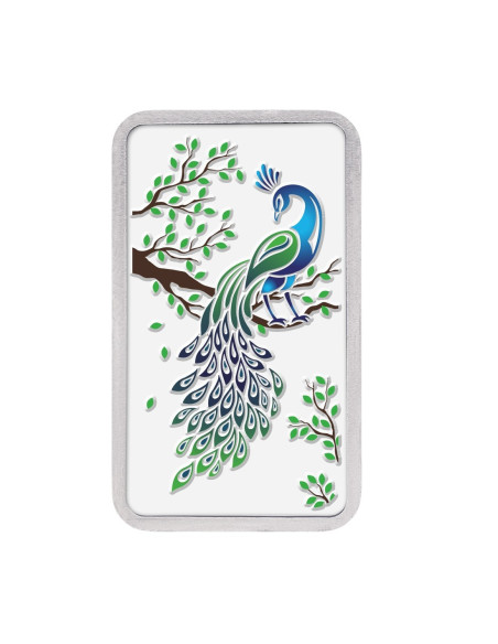 Kundan Color Peacock Silver Bar of 50 Gram in 999 Purity / Fineness in Certi Card