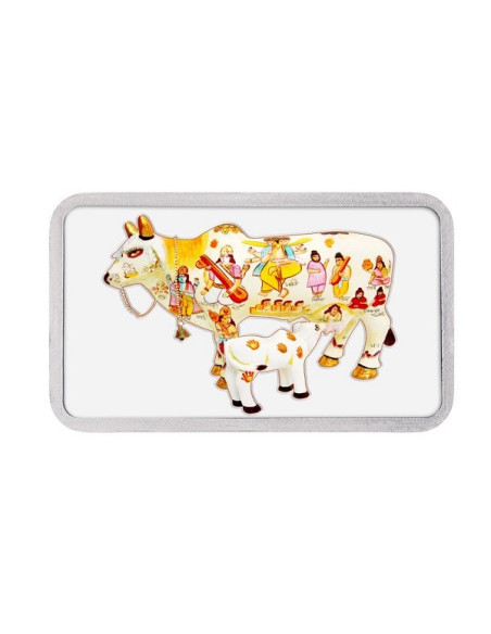 Kundan Color Kamdhenu Cow Silver Bar of 50 Gram in 999 Purity / Fineness in Certi Card