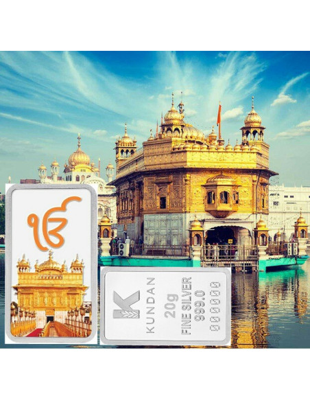 Kundan Color Golden Temple Silver Bar of 20 Gram in 999 Purity / Fineness in Certi Card