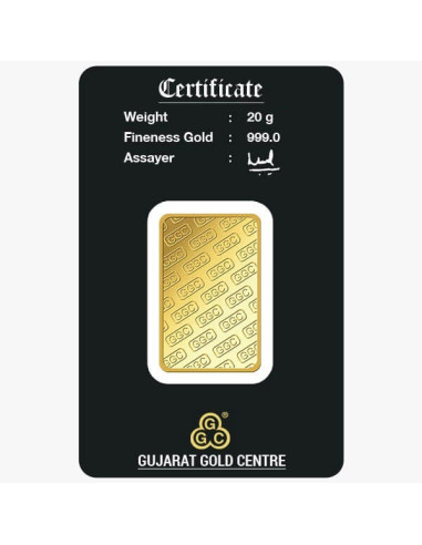 Gujrat Gold Centre Gold Bar Of 20 Gram 24Kt in 999 Purity / Fineness