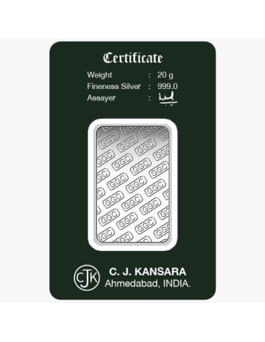 Gujrat Gold Centre Silver Bar Of 20 Gram in 999 24Kt Purity Fineness 