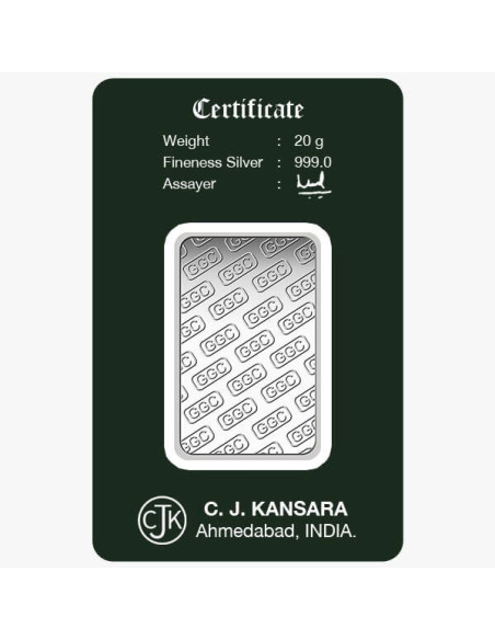 Gujrat Gold Centre Silver Bar Of 20 Gram in 999 24Kt Purity Fineness 