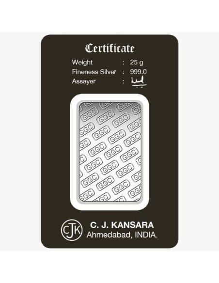 Gujrat Gold Centre Silver Bar Of 25 Gram in 999 24Kt Purity Fineness 
