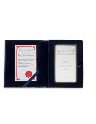 Modison Silver Bar of 250 Grams in 24Kt 999 Purity Fineness in Flap Packing