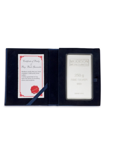 Modison Silver Bar of 250 Grams in 24Kt 999 Purity Fineness in Flap Packing