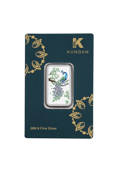 Kundan Color Peacock Silver Bar of 50 Gram in 999 Purity / Fineness in Certi Card