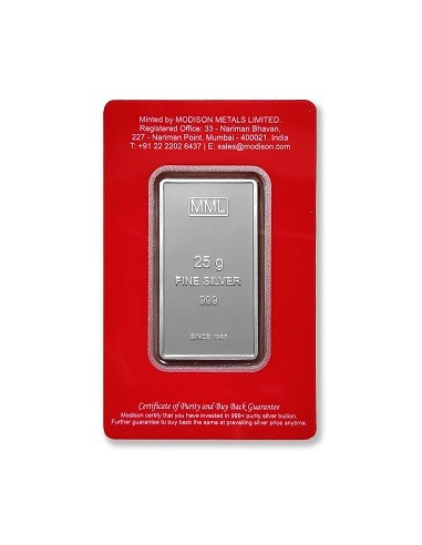 Modison Silver Bar of 25 Grams in 24Kt 999 Purity Fineness