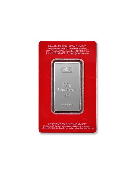 Modison Silver Bar of 25 Grams in 24Kt 999 Purity Fineness