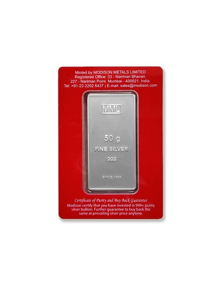 Modison Silver Bar of 50 Grams in 24Kt 999 Purity Fineness