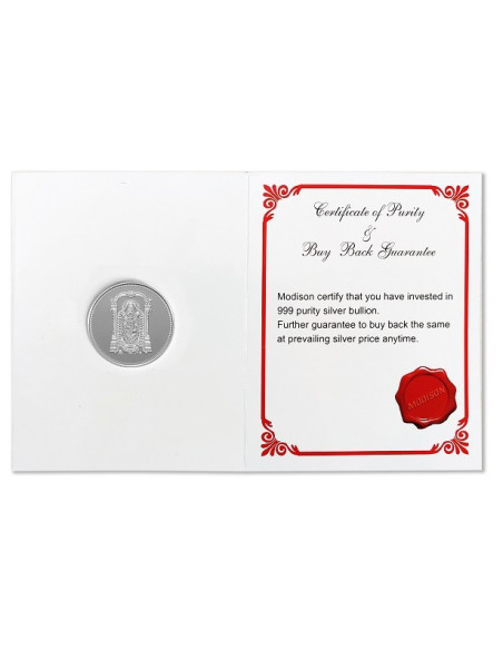 Modison Tirupati Silver Coin of 10 Grams in 24Kt 999 Purity Fineness in Folder Packing
