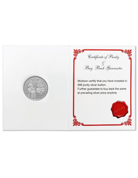 Modison Lakshmi Ganesh Silver Coin of 20 Grams in 24Kt 999 Purity Fineness in Folder Packing