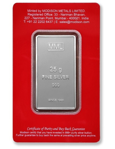 Modison Silver Bar of 25 Grams in 24Kt 999 Purity Fineness in Certicard