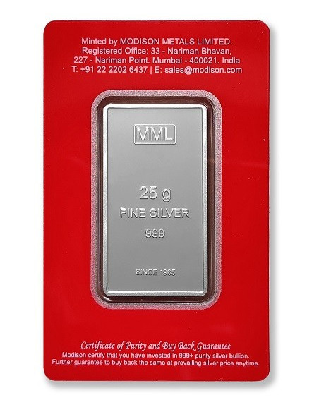 Modison Silver Bar of 25 Grams in 24Kt 999 Purity Fineness in Certicard