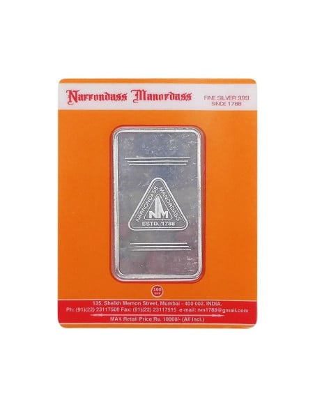 Narrondass Manordass Silver Bar Of 100 Grams in 999 Purity Fineness 