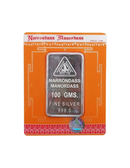 Narrondass Manordass Silver Bar Of 100 Grams in 999 Purity Fineness 