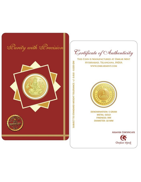 Lakshmi Gold Coin Of 5 Gram 24Kt Gold 999 Purity Fineness