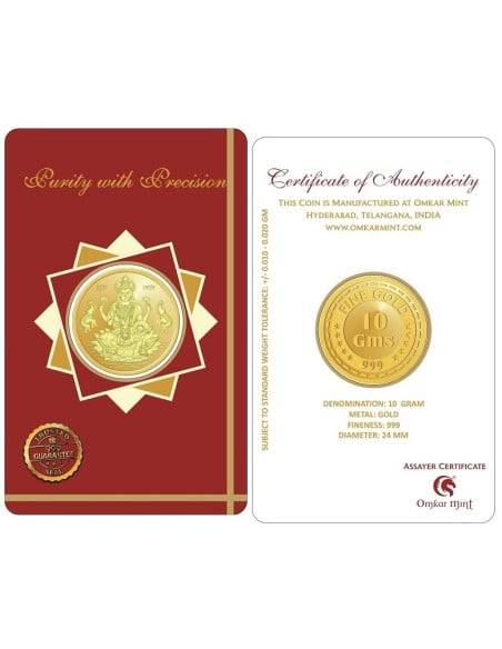Lakshmi Gold Coin Of 10 Gram 24Kt Gold 999 Purity Fineness
