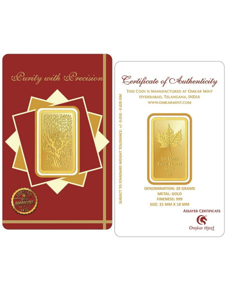 Kalpataru Gold Bar Of 20 Gram 24Kt Gold 999 Purity Fineness