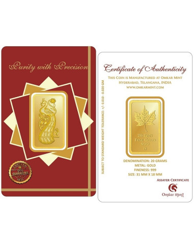 Peacock Gold Bar Of 20 Gram 24Kt Gold 999 Purity Fineness