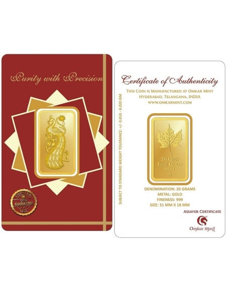 Peacock Gold Bar Of 20 Gram 24Kt Gold 999 Purity Fineness
