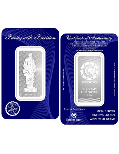 Omkar Mint Statue Of Unity Silver Bar of 50 Grams in 999 Purity Fineness