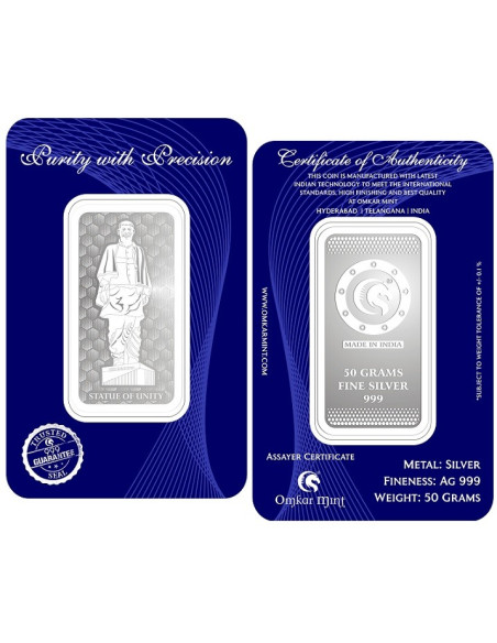 Omkar Mint Statue Of Unity Silver Bar of 50 Grams in 999 Purity Fineness