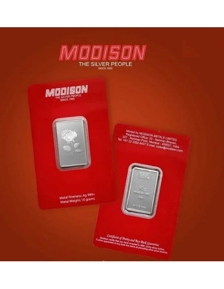 Modison Silver Bar of 10 Grams in 24Kt 999 Purity Fineness in Certicard