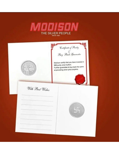 Modison Lakshmi Ganesh Silver Coin of 10 Grams in 24Kt 999 Purity Fineness in Paper Folder Packing