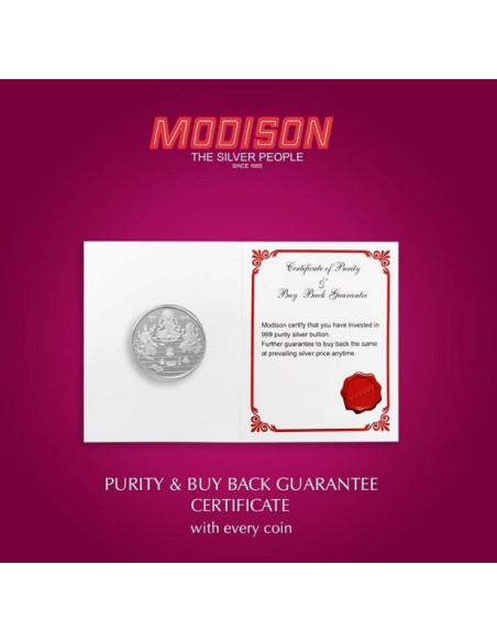 Modison Trimurti Silver Coin of 10 Grams in 24Kt 999 Purity Fineness in Paper Folder Packing