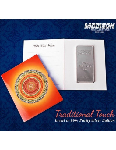 Modison Silver Bar of 100 Grams in 24Kt 999 Purity Fineness in Paper Folder Packing
