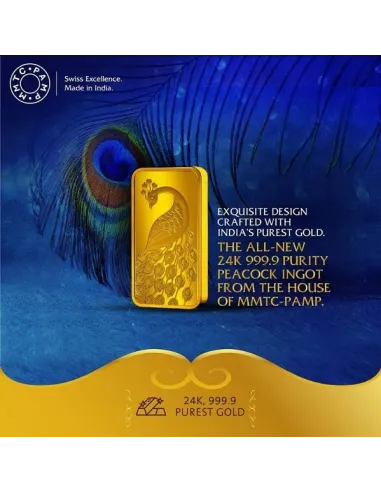 MMTC-PAMP Gold Peacock Ingot Bar of 10 Grams in 24 Karat 999.9 Purity / Fineness