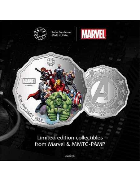 MMTC PAMP Marvel Avengers Power Colored Silver Coin 1 oz / 31.10gm in 999.9 Purity