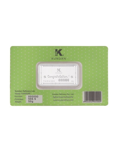 Kundan Color Baby Girl Silver Bar of 50 Gram in 999 Purity / Fineness in Certi Card