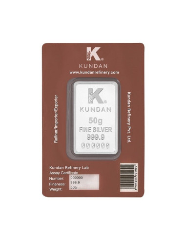 Kundan Color Tirupati Silver Bar of 50 Gram in 999.9 Purity / Fineness in Certi Card