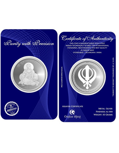 Omkar Mint Gurunanak Dev Ji Silver Coin of 10 Grams in 999 Purity Fineness