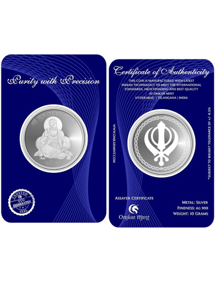 Omkar Mint Gurunanak Dev Ji Silver Coin of 10 Grams in 999 Purity Fineness