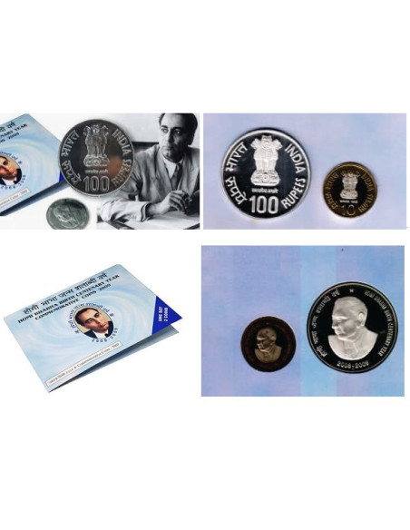 Homi Bhabha Birth Centenary Year 2009  Commemorative Proof Set 2 Silver Coins 
