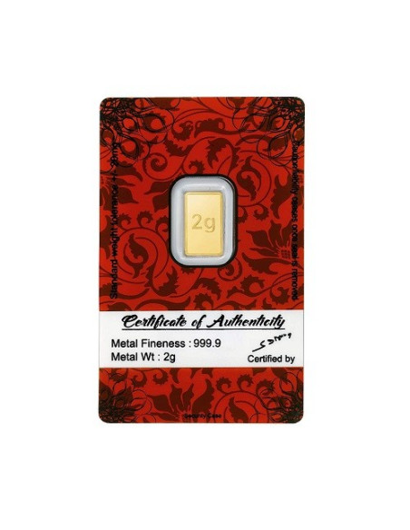 Bangalore Refinery Gold Bar Of 2 Grams in 24 Karat  999.9 Purity / Fineness