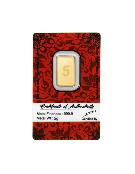 Bangalore Refinery Gold Bar Of 5 Grams in 24 Karat  999.9 Purity / Fineness