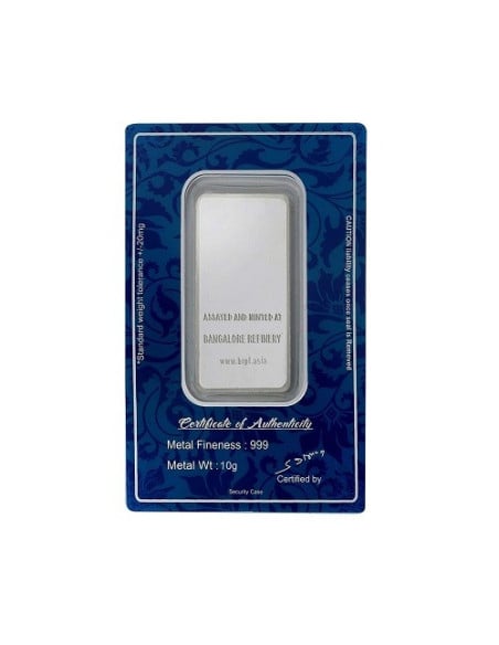 Bangalore Refinery Silver Bar Of 10 Grams in 999 Purity / Fineness