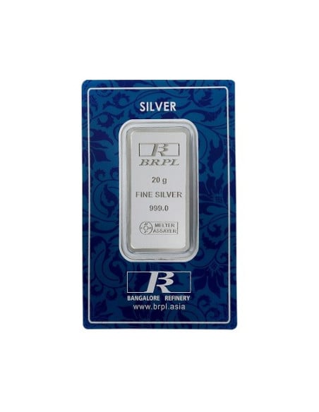 Bangalore Refinery Silver Bar Of 20 Grams in 999 Purity / Fineness