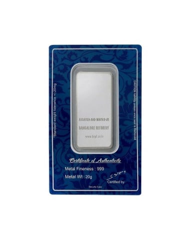 Bangalore Refinery Silver Bar Of 20 Grams in 999 Purity / Fineness