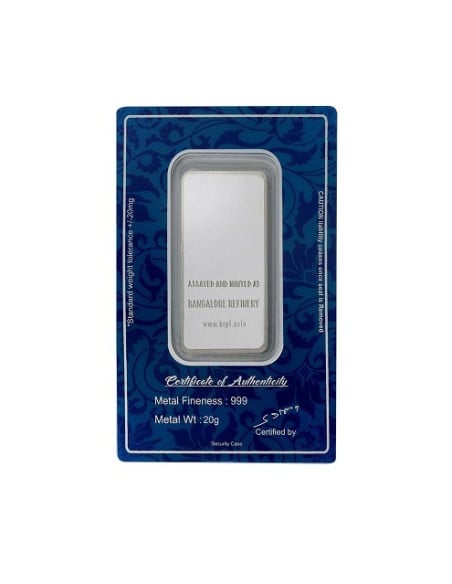 Bangalore Refinery Silver Bar Of 20 Grams in 999 Purity / Fineness