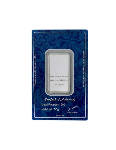 Bangalore Refinery Silver Bar Of 50 Grams in 999 Purity / Fineness
