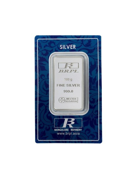 Bangalore Refinery Silver Bar Of 100 Grams in 999 Purity / Fineness