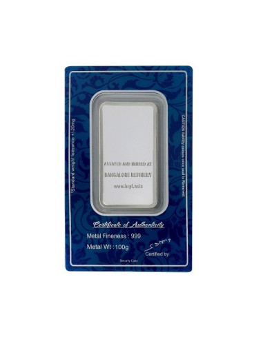 Bangalore Refinery Silver Bar Of 100 Grams in 999 Purity / Fineness
